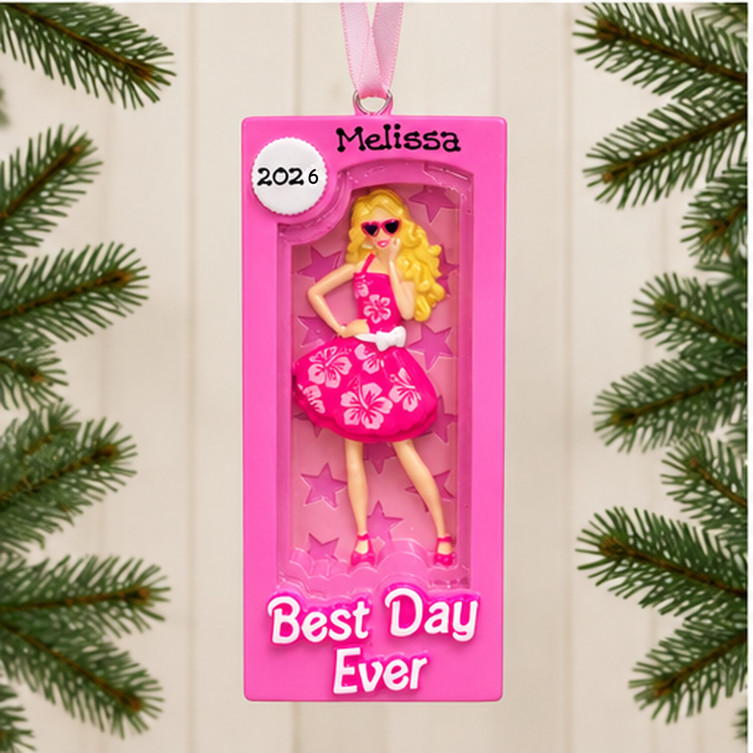 Personalised Family Christmas Xmas Tree Decoration Ornament - Pink Doll Box