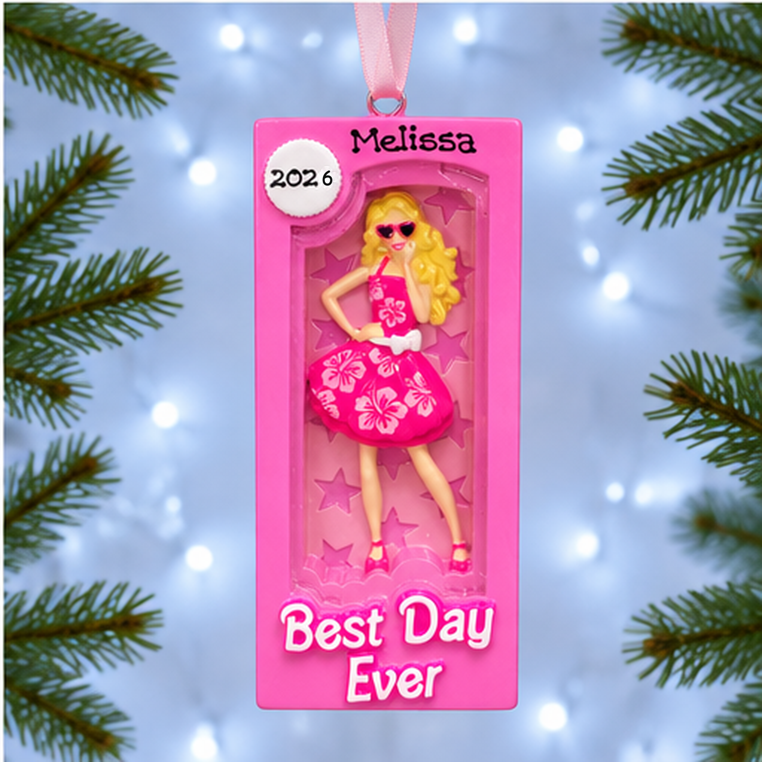 Personalised Family Christmas Xmas Tree Decoration Ornament - Pink Doll Box