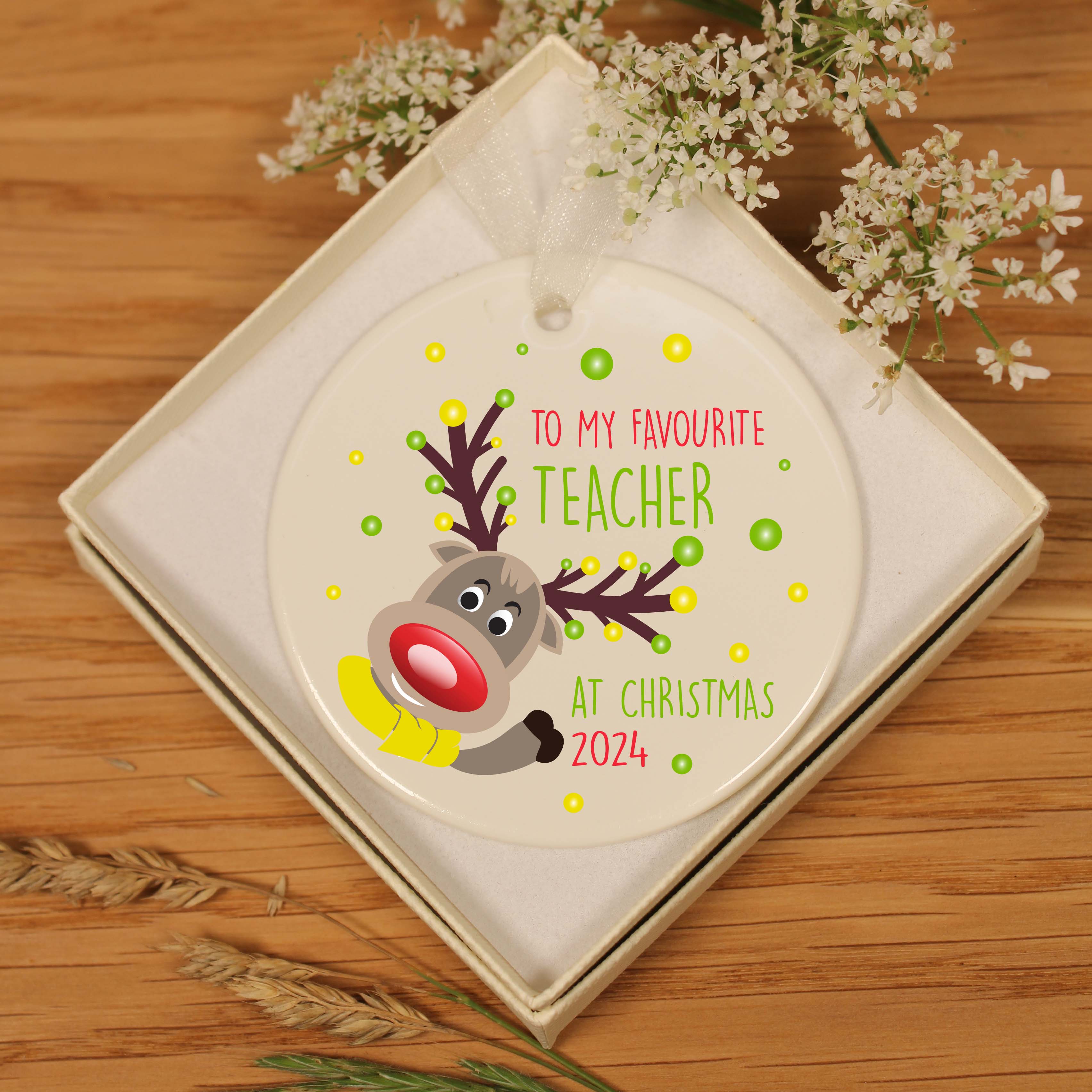 Christmas Ceramic Hanging Decoration - Reindeer Lights Teacher