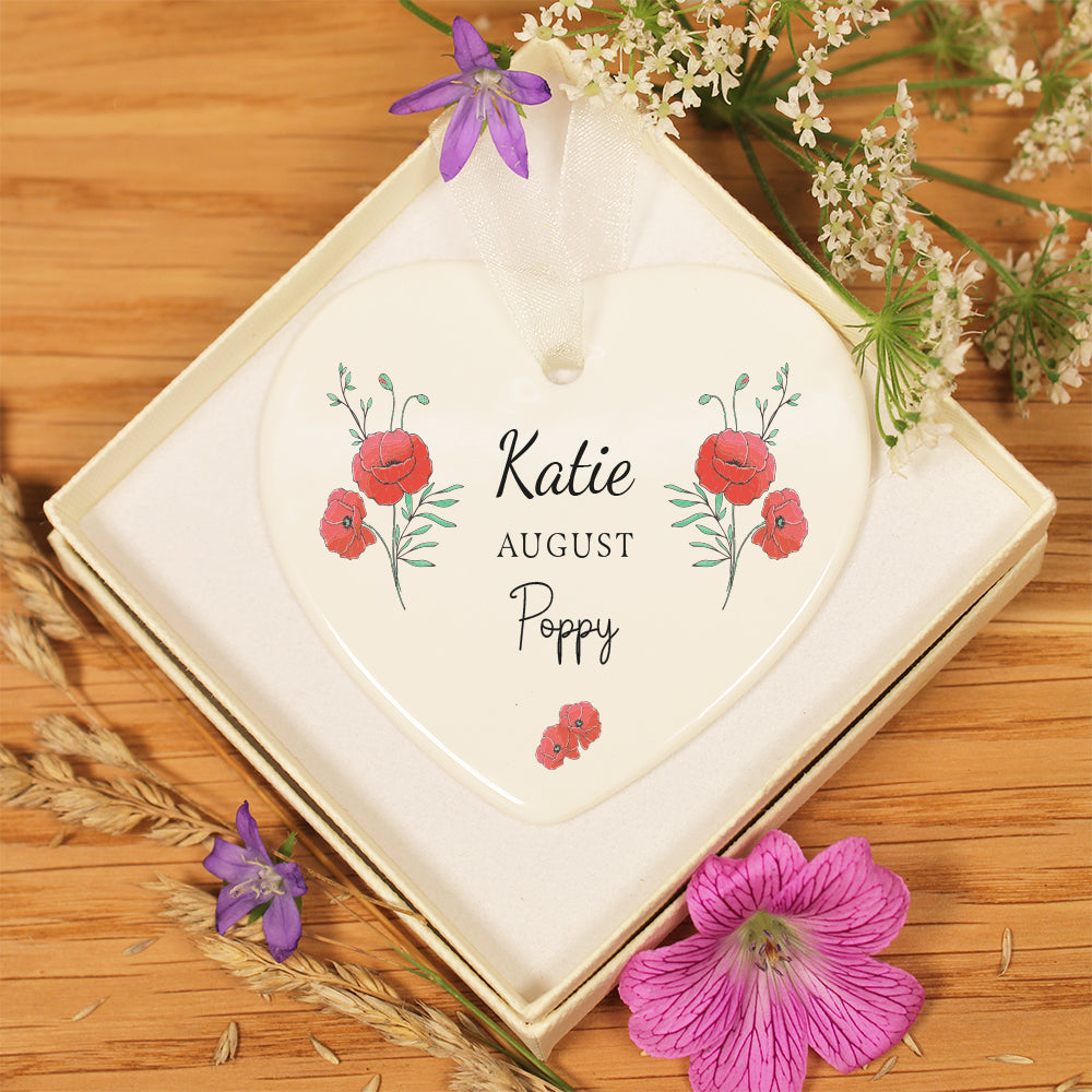 Personalised August Birth Flower Ceramic Hanging Decoration Gift Tag- Poppy