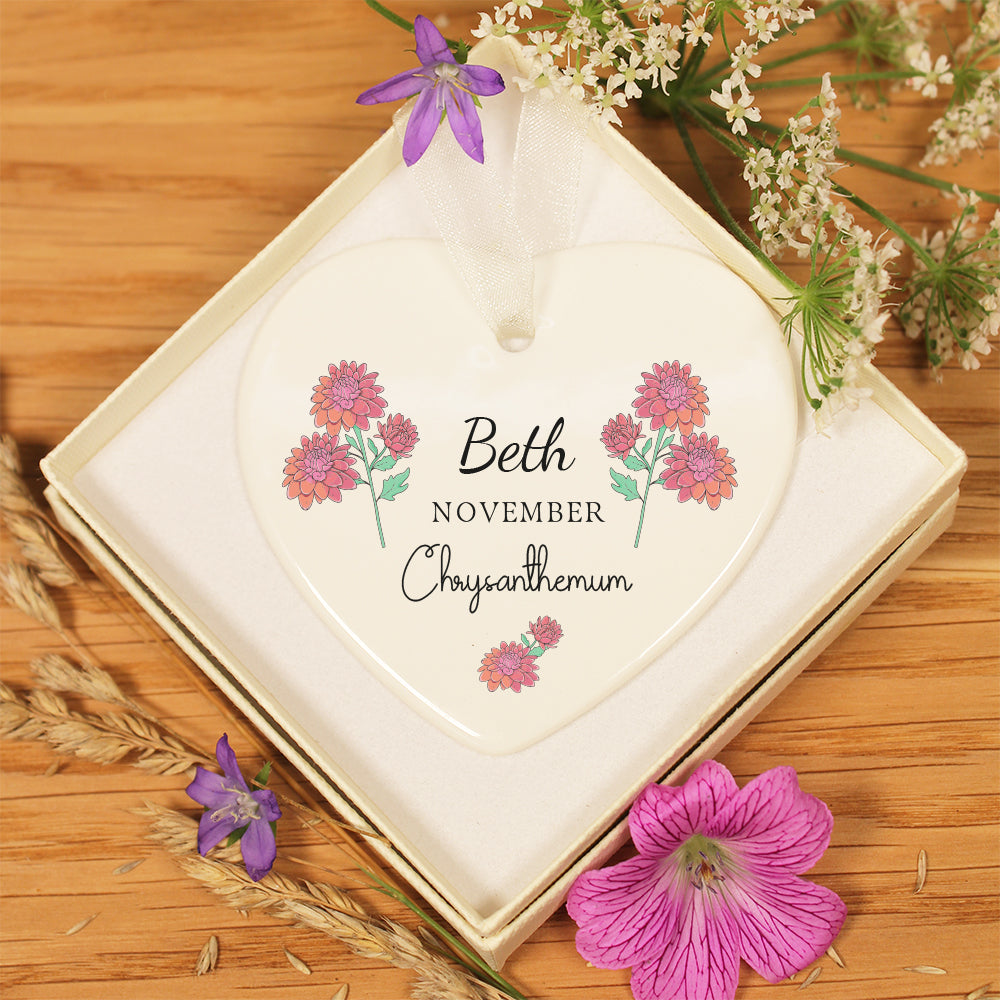 Personalised November Birth Flower Ceramic Hanging Decoration Gift Tag- Chrysanthemum