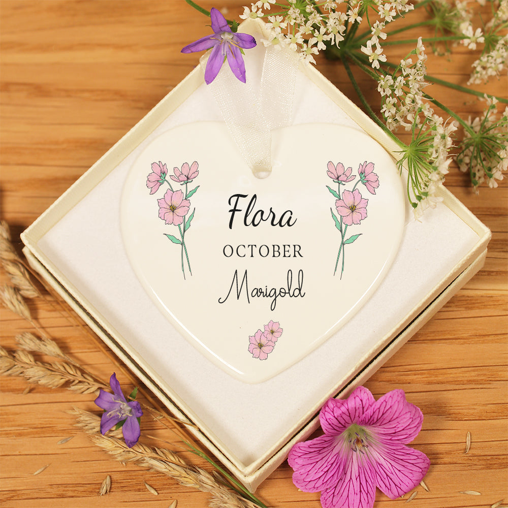 Personalised October Birth Flower Ceramic Hanging Decoration Gift Tag- Marigold