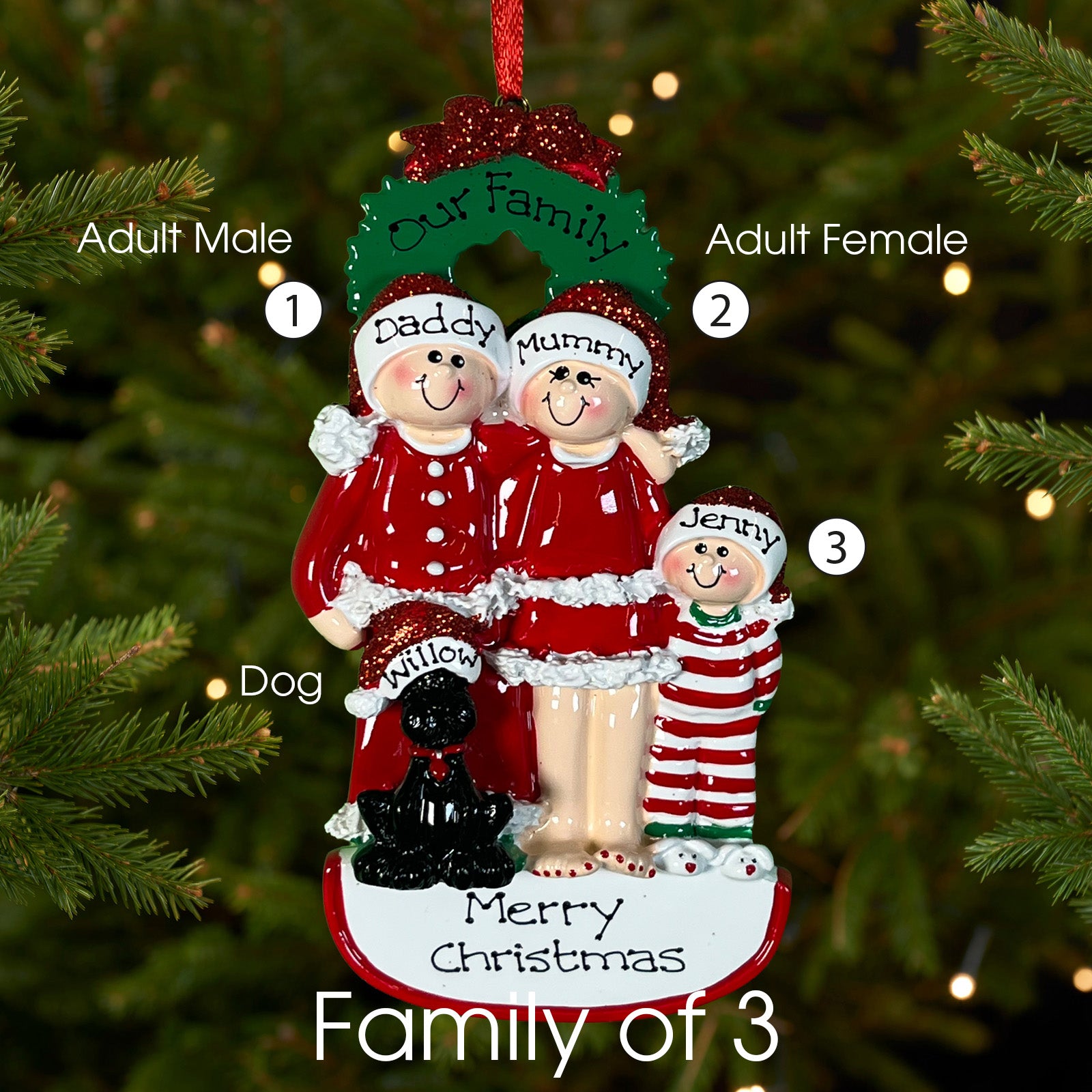 Personalised Family with Black Dog Christmas decoration - Family of 6