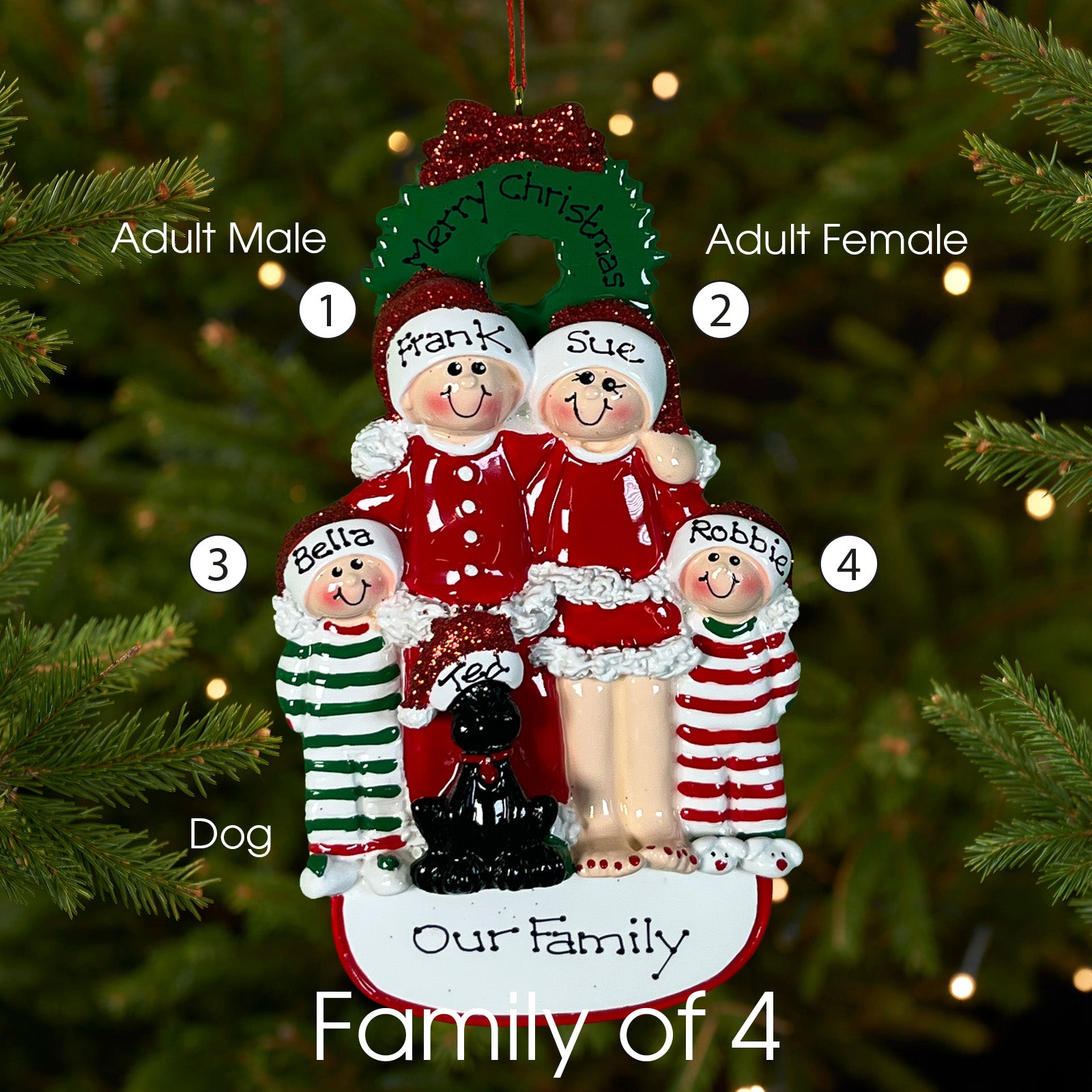 Personalised Family with Black Dog Christmas decoration