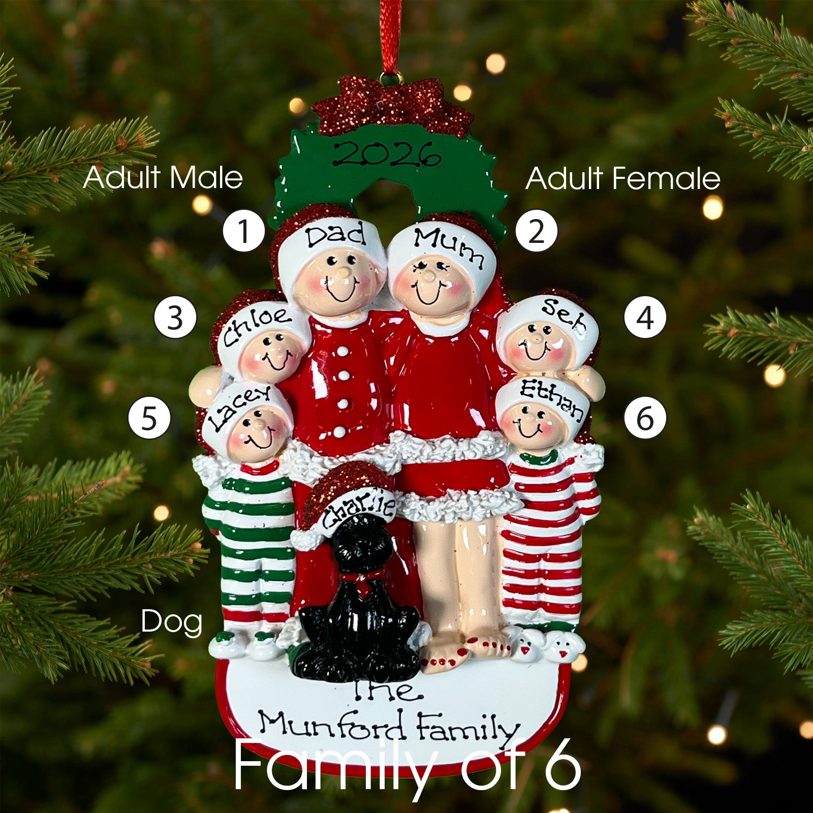 Personalised Family with Black Dog Christmas decoration - Family of 5