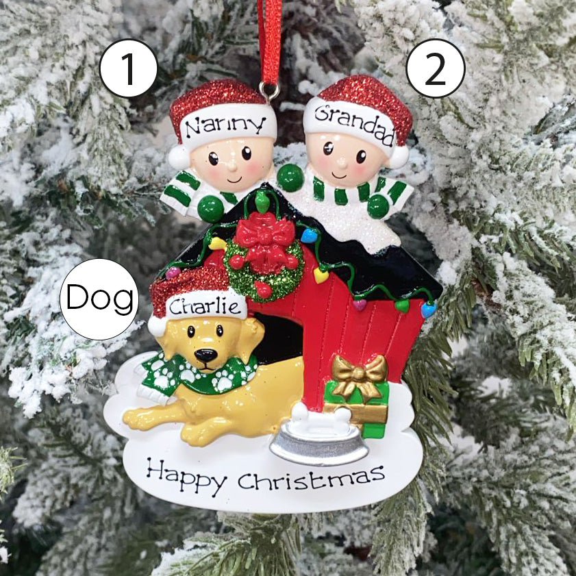 Personalised Family Christmas Xmas Tree Decoration Ornament - Family with Dog in Kennel