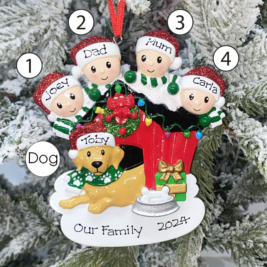 Personalised Family Christmas Xmas Tree Decoration Ornament - Family with Dog in Kennel
