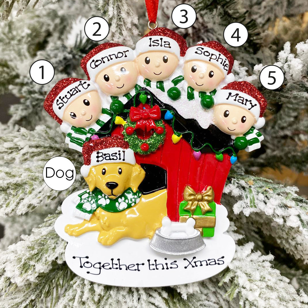 Personalised Family Christmas Xmas Tree Decoration Ornament - Family with Dog in Kennel