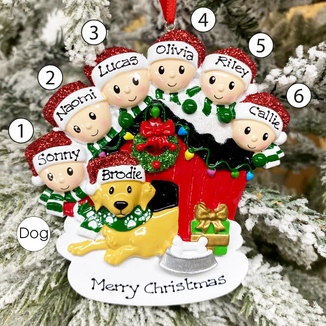 Personalised Family Christmas Xmas Tree Decoration Ornament - Family with Dog in Kennel