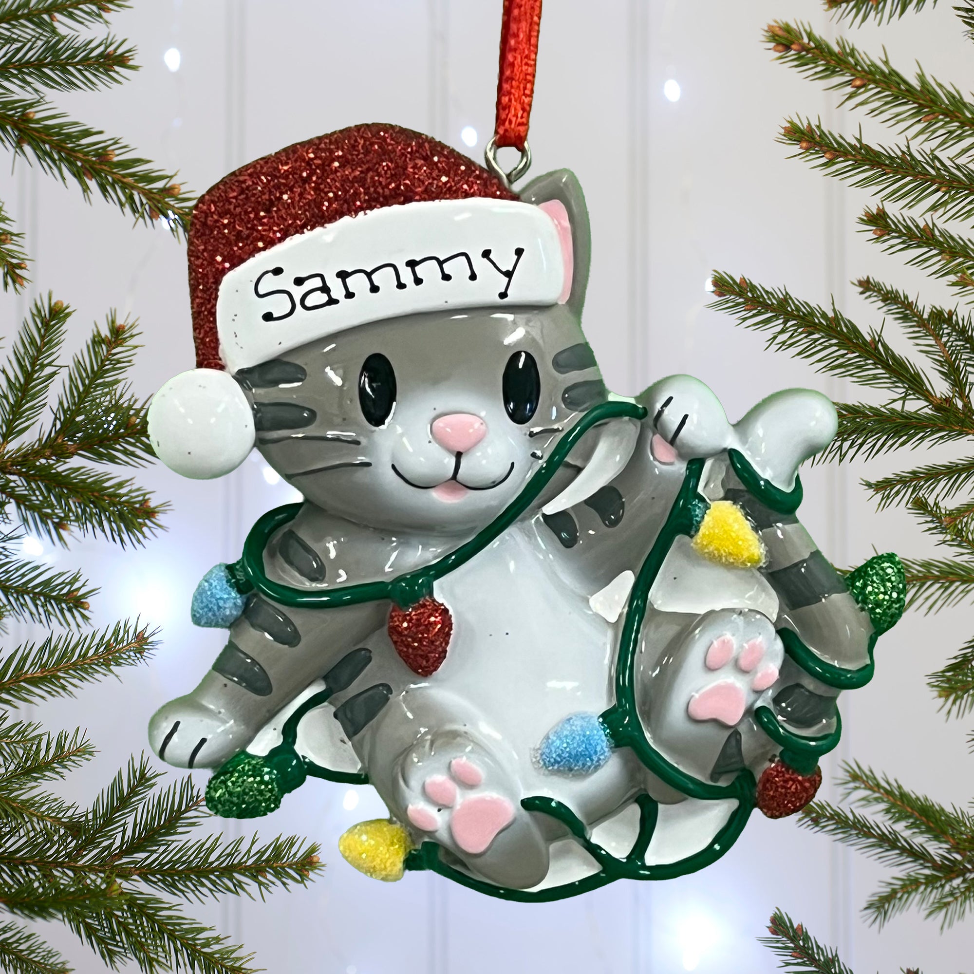 Personalised Pet Cat Christmas Xmas Tree Decoration Ornament - Cat Tangled in Lights