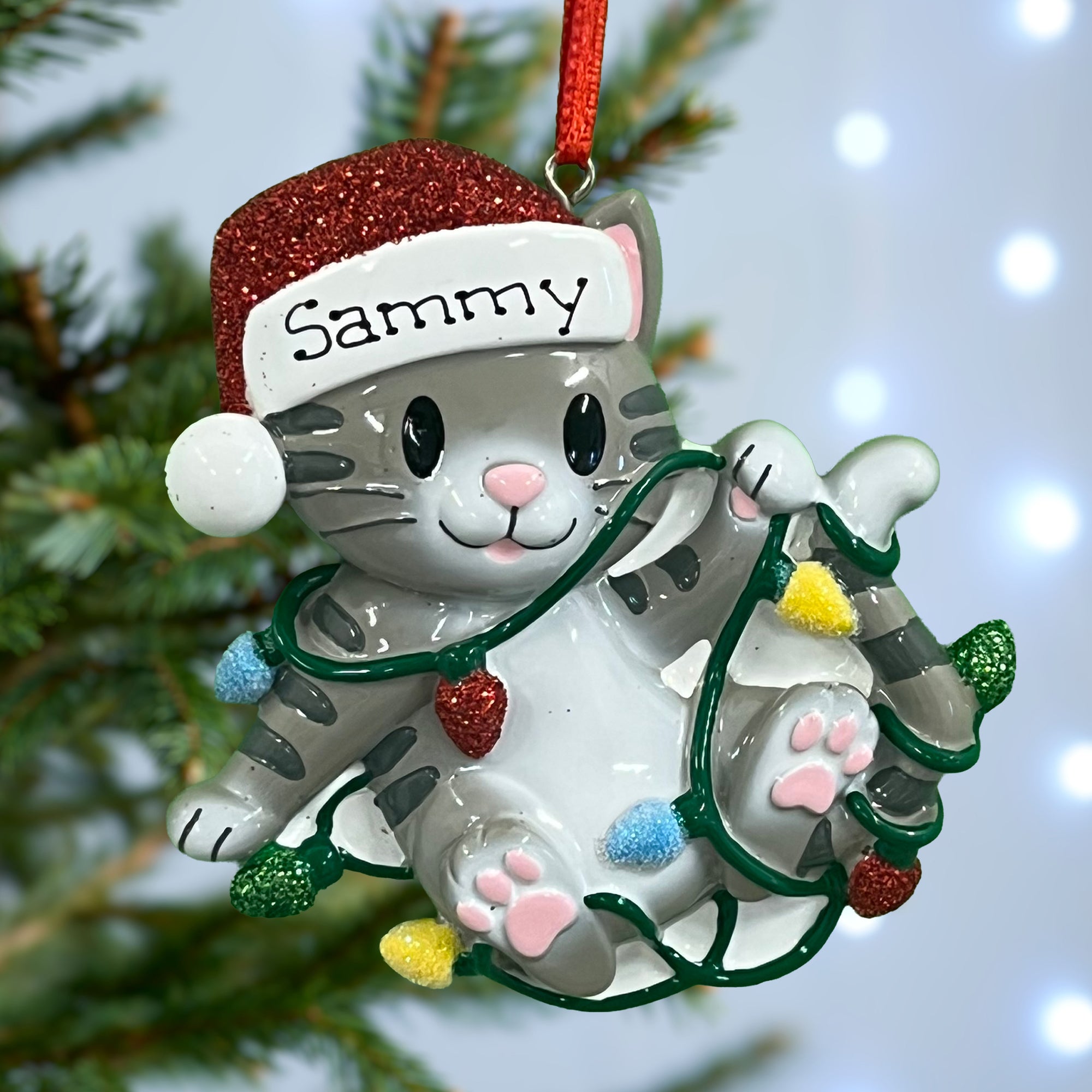 Personalised Pet Cat Christmas Xmas Tree Decoration Ornament - Cat Tangled in Lights