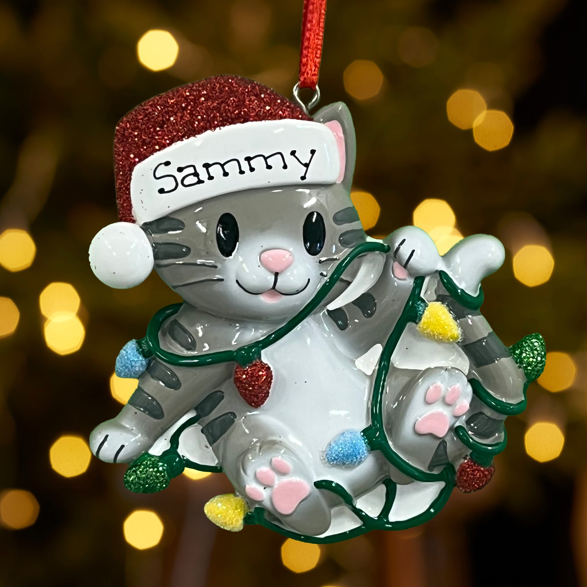 Personalised Pet Cat Christmas Xmas Tree Decoration Ornament - Cat Tangled in Lights
