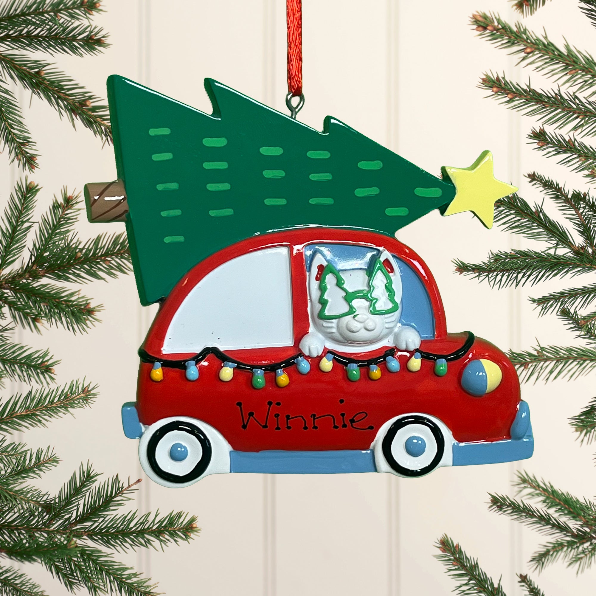 Personalised Cat Christmas Xmas Tree Decoration Ornament - Cat in Car