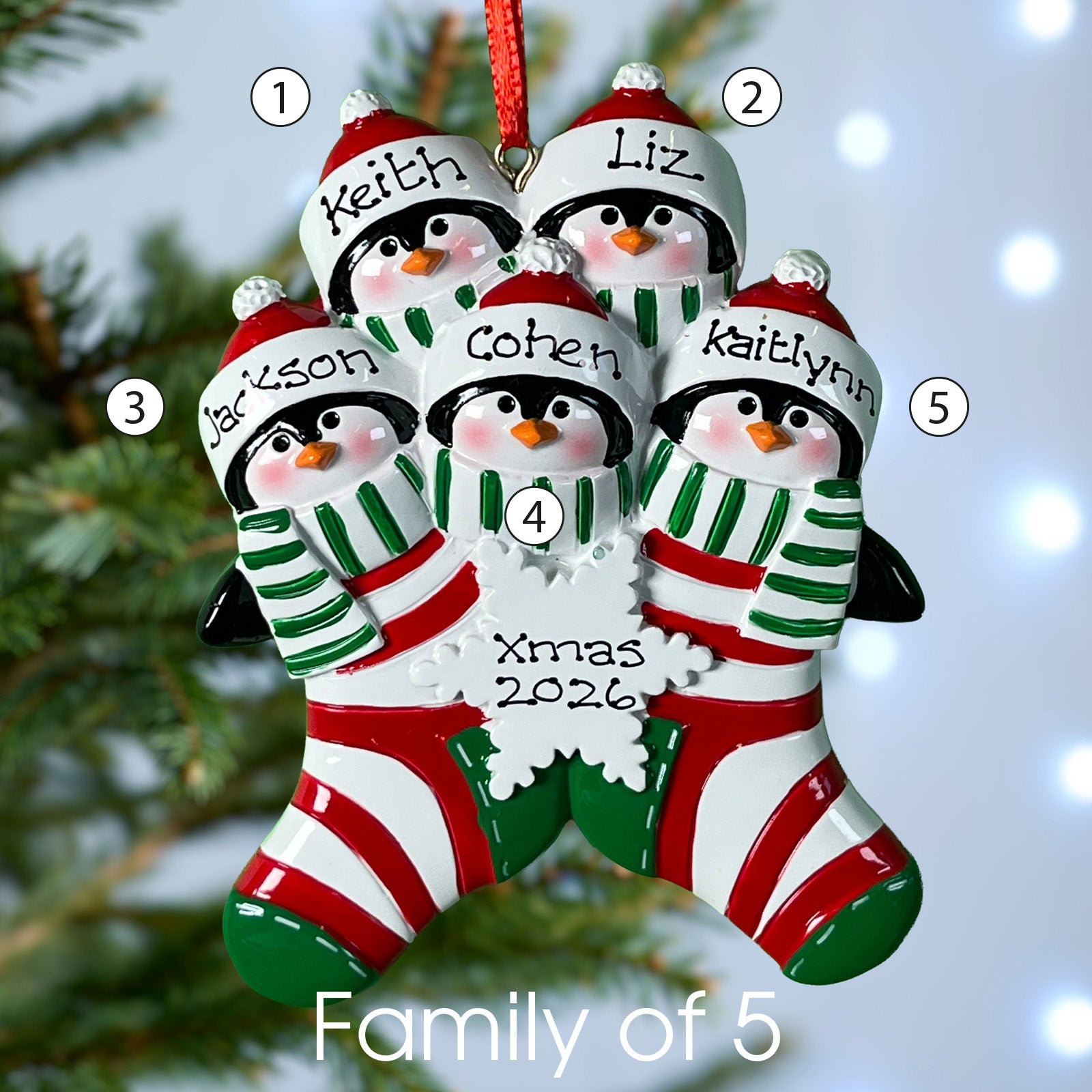 Personalised Penguin Stocking Family Christmas decoration - Family of 6