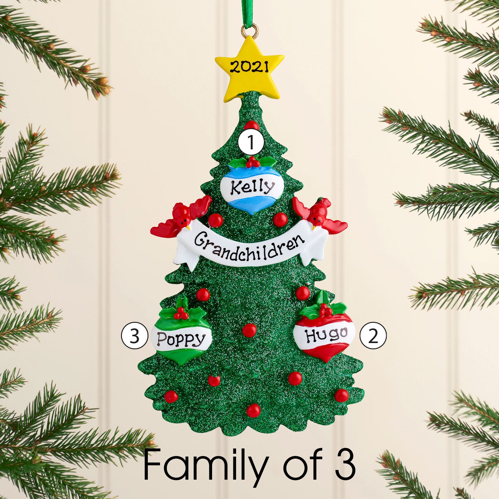 Personalised Green Tree Christmas decoration - Family of 5