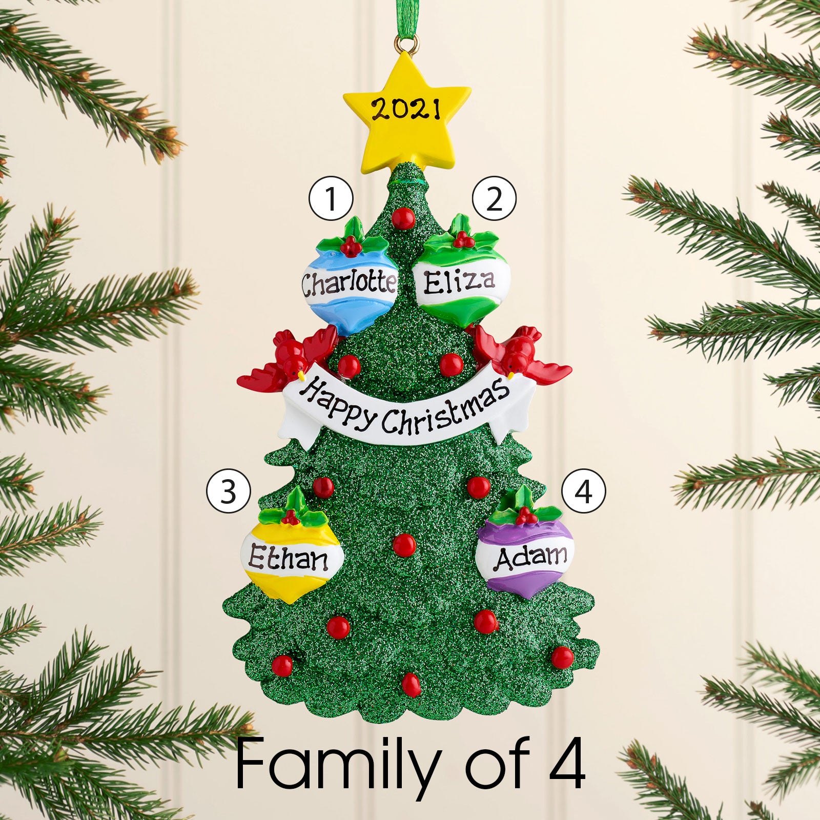 Personalised Green Tree Christmas decoration - Family of 6