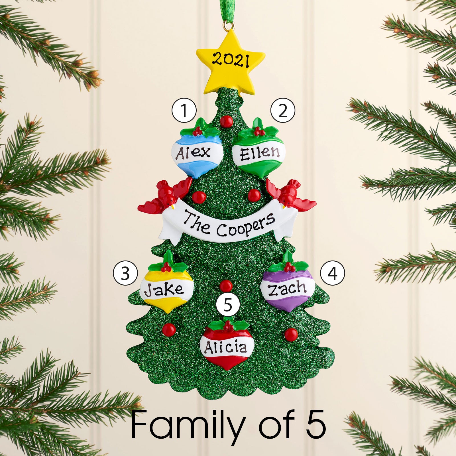 Personalised Green Tree Christmas decoration - Family of 7