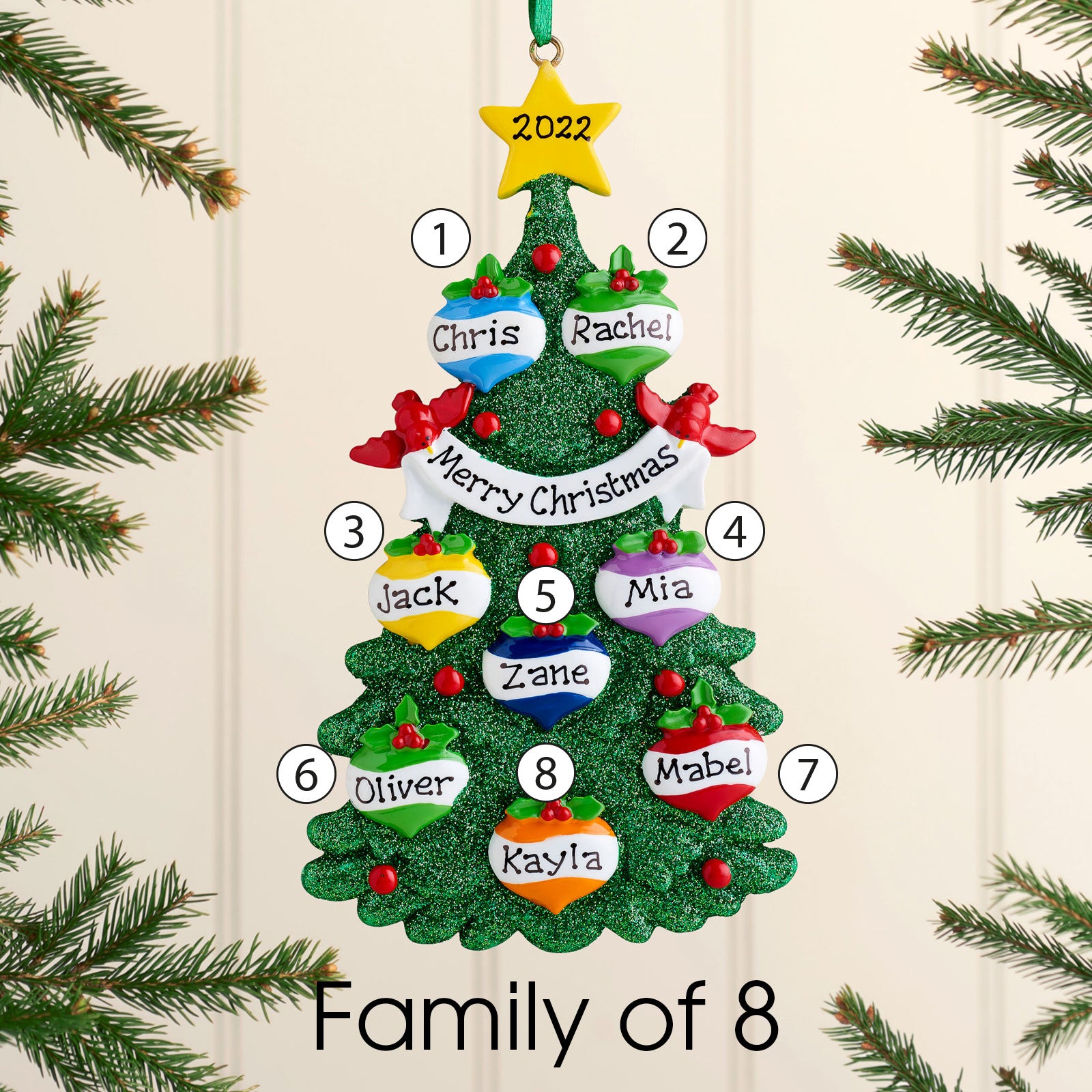 Personalised Green Tree Christmas decoration - Family of 4