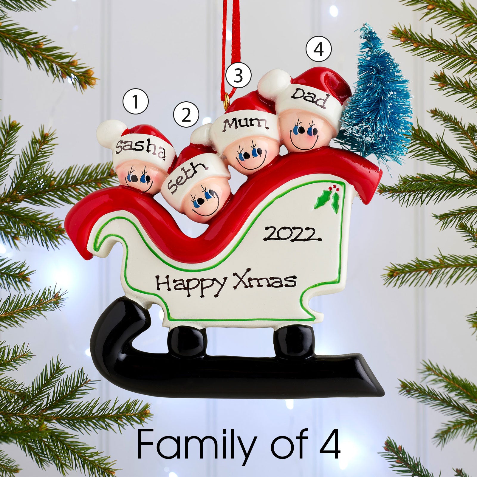 Personalised Sleigh Family Christmas decoration - Family of 4