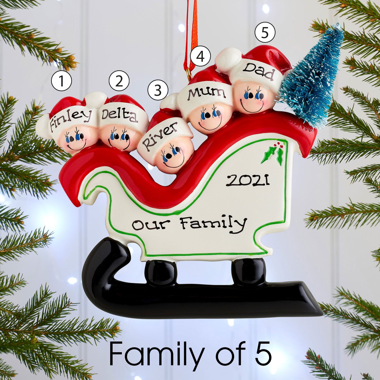 Personalised Sleigh Family Christmas decoration - Family of 5