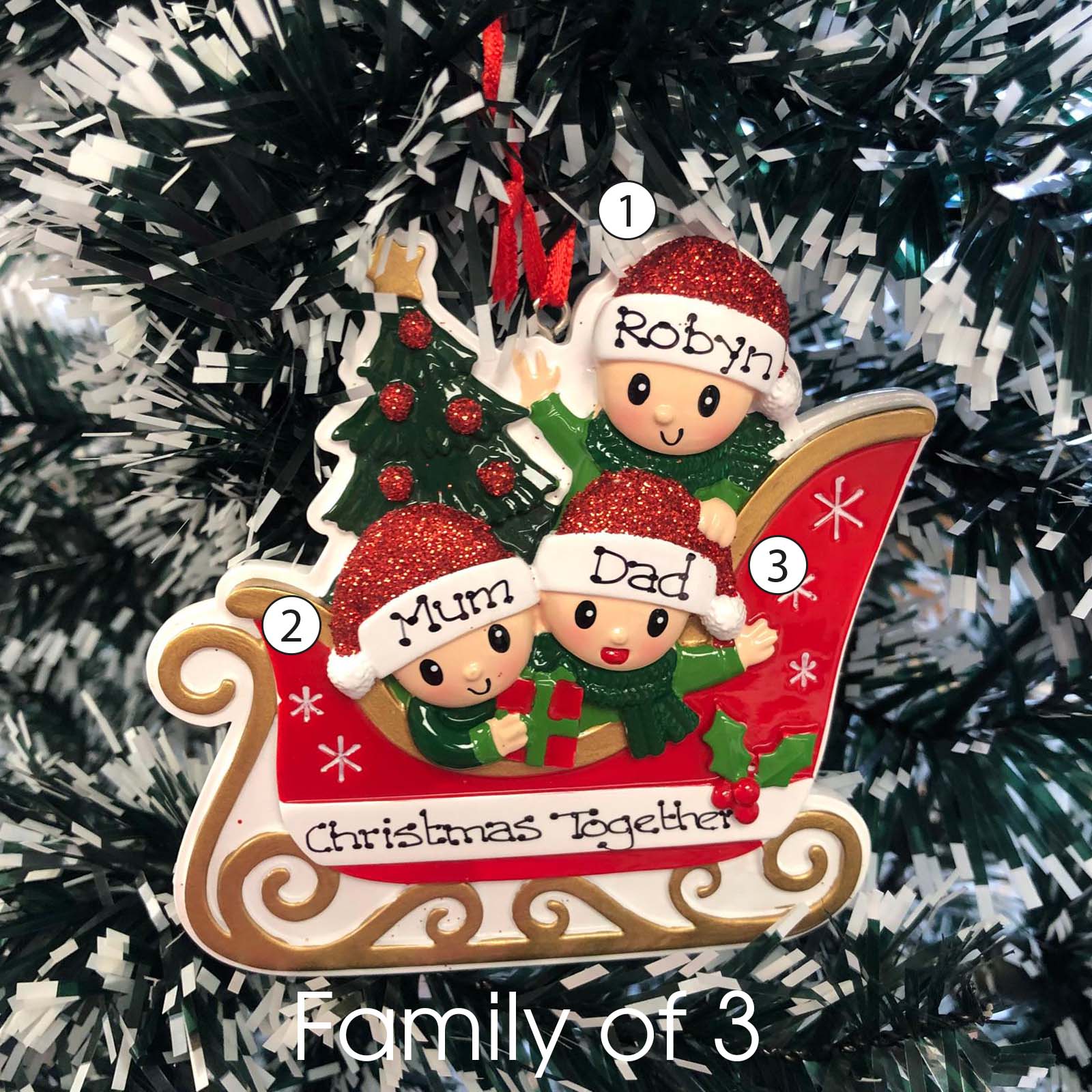 Personalised Family Christmas Xmas Tree Decoration Ornament - Sleigh Family