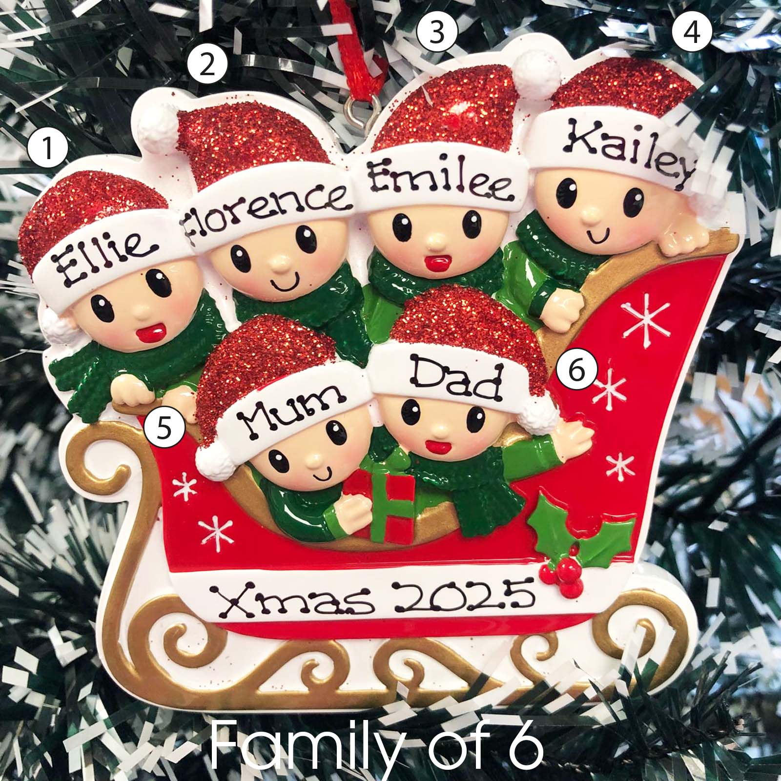 Personalised Family Christmas Xmas Tree Decoration Ornament - Sleigh Family
