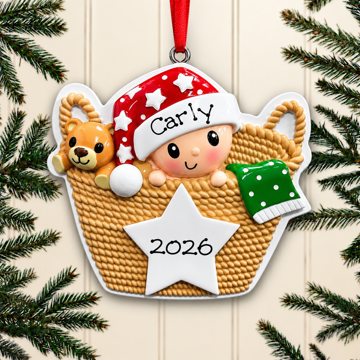 Personalised Baby's 1st Christmas Xmas Tree Decoration Ornament - Baby in Basket