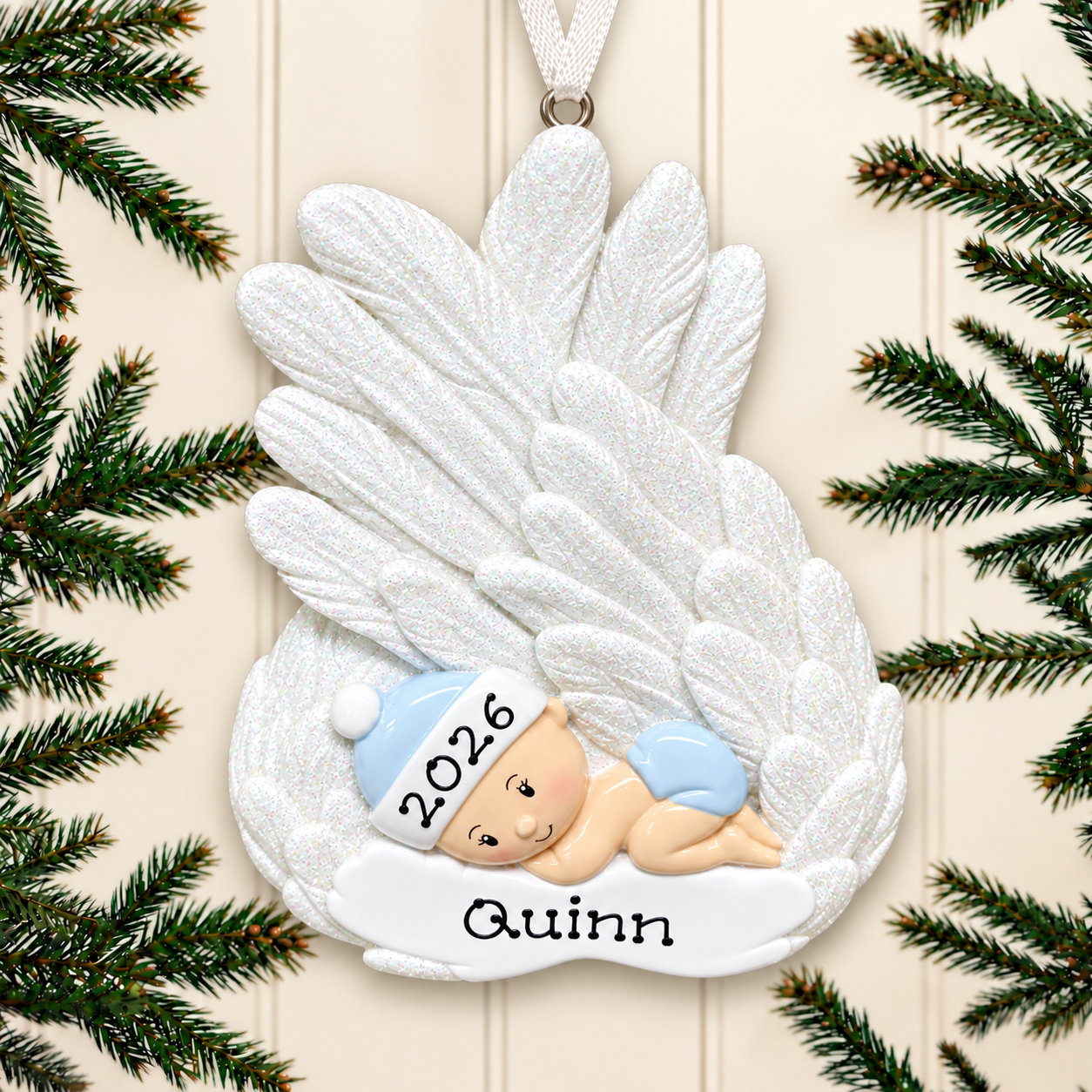 Personalised Childs Christmas Xmas Tree Decoration Ornament - Angel Boy or Girl Feathers