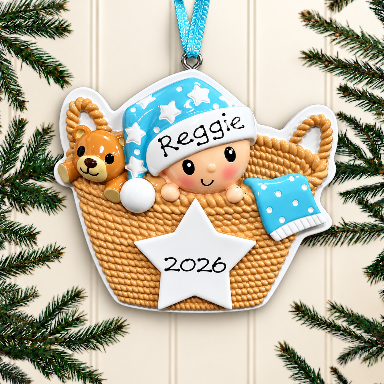 Personalised Baby's 1st Christmas Xmas Tree Decoration Ornament - Baby in Basket