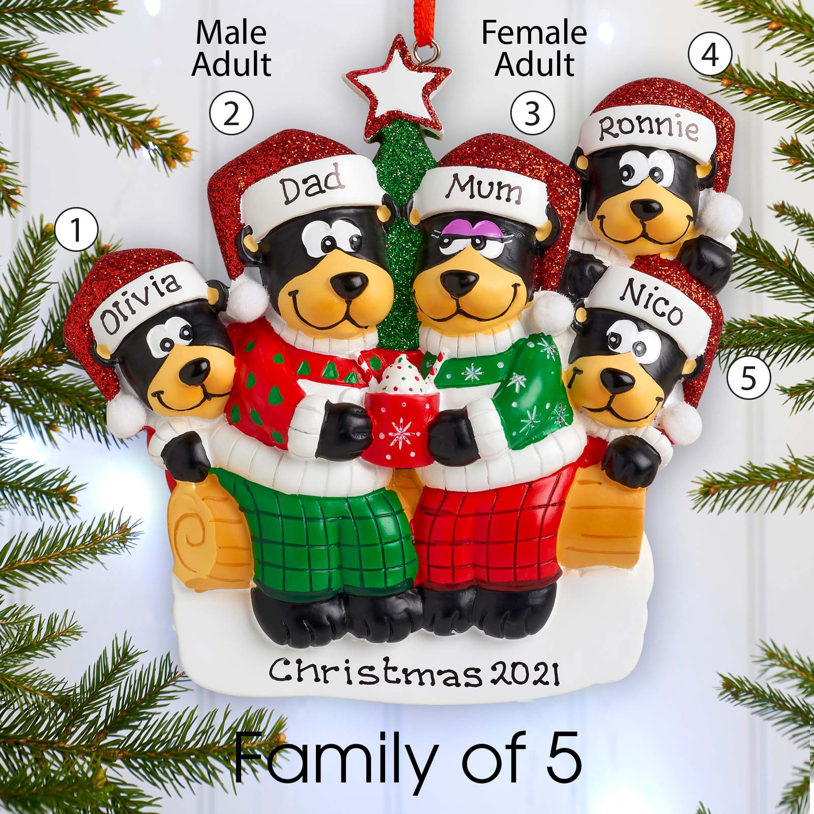 Personalised Family Christmas Xmas Tree Decoration Ornament - Black Bear Family