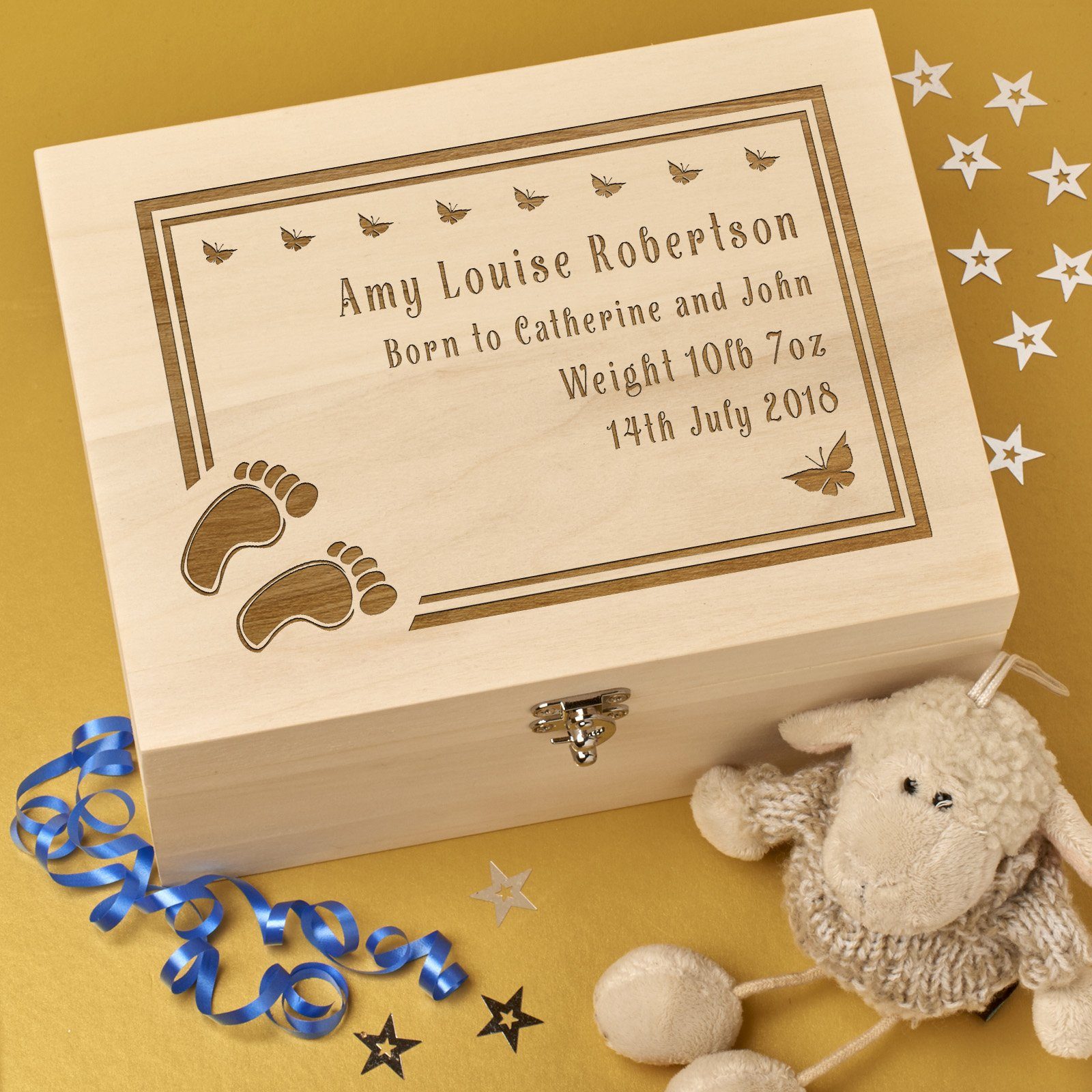 Christening Box - Personalised Laser Engraved Wooden Baby Memory Keepsake Box With Hinged Lid -Feet & Butterflies Design