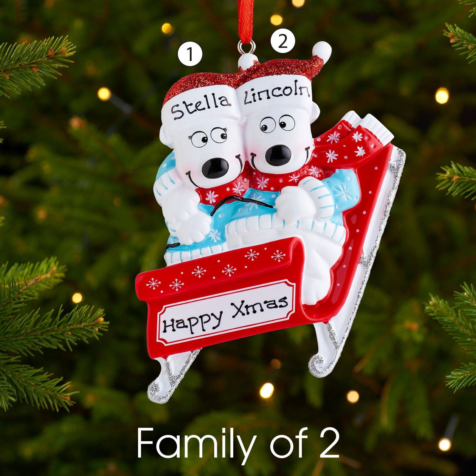 Christmas Ornament - Personalised Family Christmas Xmas Tree Decoration Ornament - Bears On Sled Family