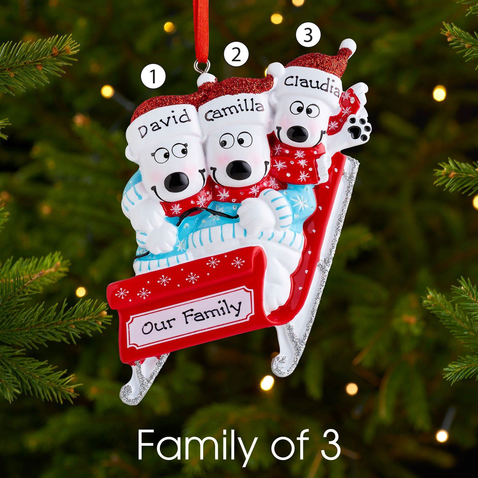 Christmas Ornament - Personalised Family Christmas Xmas Tree Decoration Ornament - Bears On Sled Family