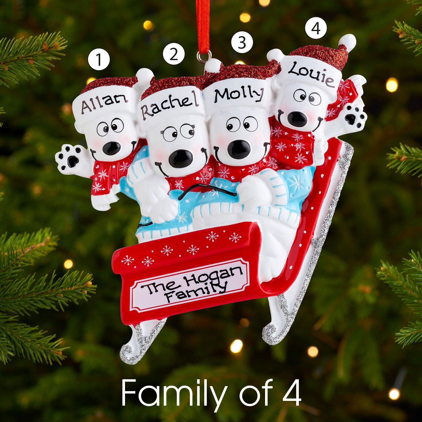 Christmas Ornament - Personalised Family Christmas Xmas Tree Decoration Ornament - Bears On Sled Family