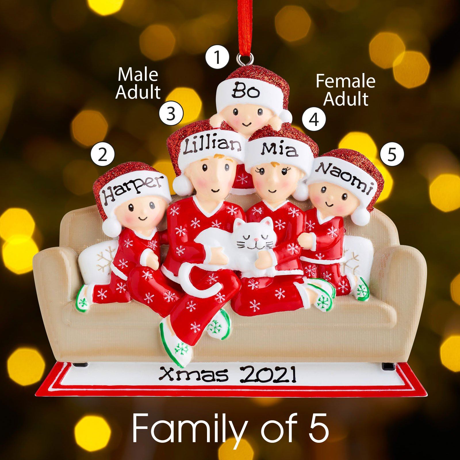Christmas Ornament - Personalised Family Christmas Xmas Tree Decoration Ornament - Family With Cat On Sofa