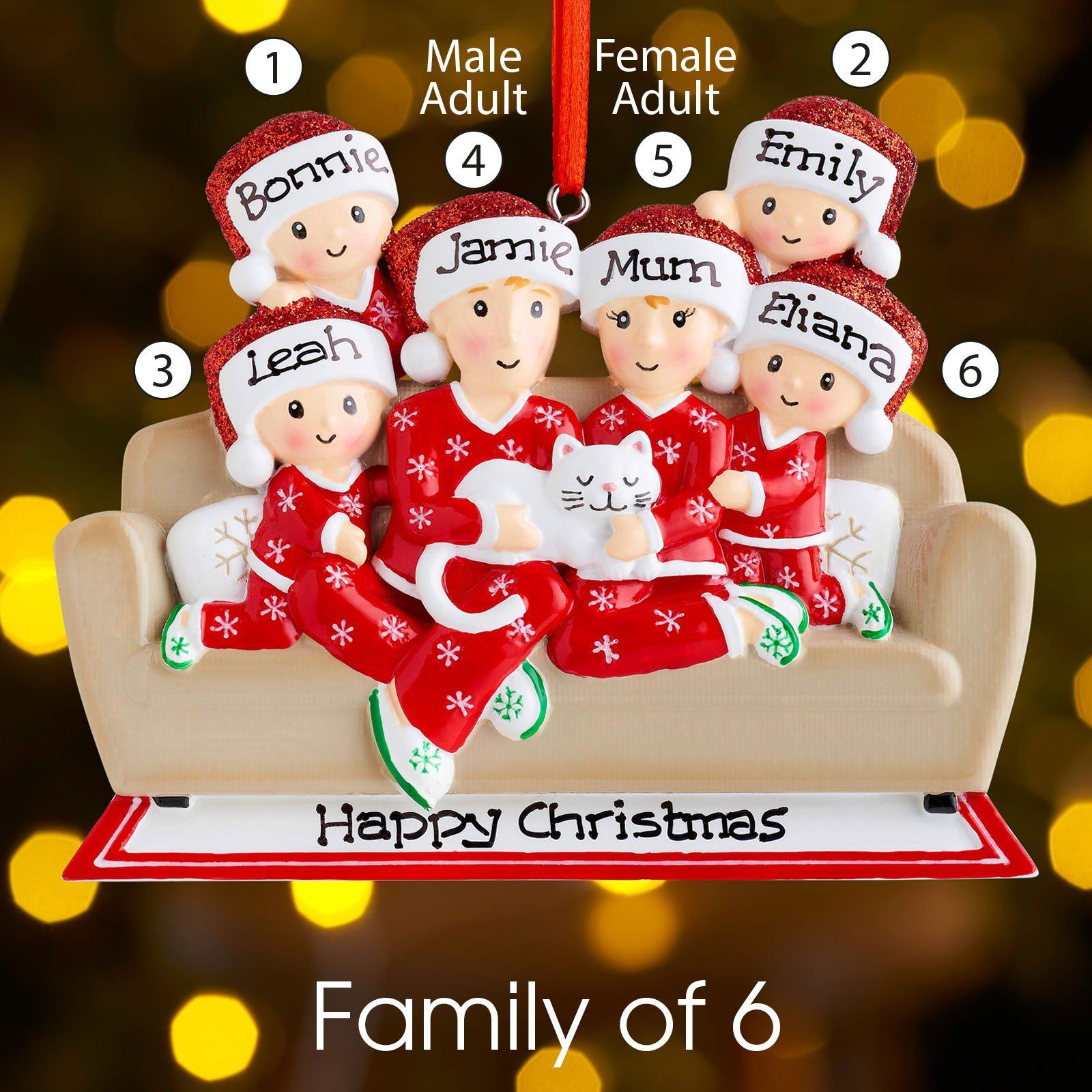 Christmas Ornament - Personalised Family Christmas Xmas Tree Decoration Ornament - Family With Cat On Sofa