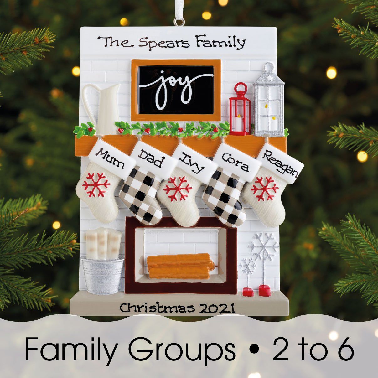 Christmas Ornament - Personalised Family Christmas Xmas Tree Decoration Ornament - Fireplace Family
