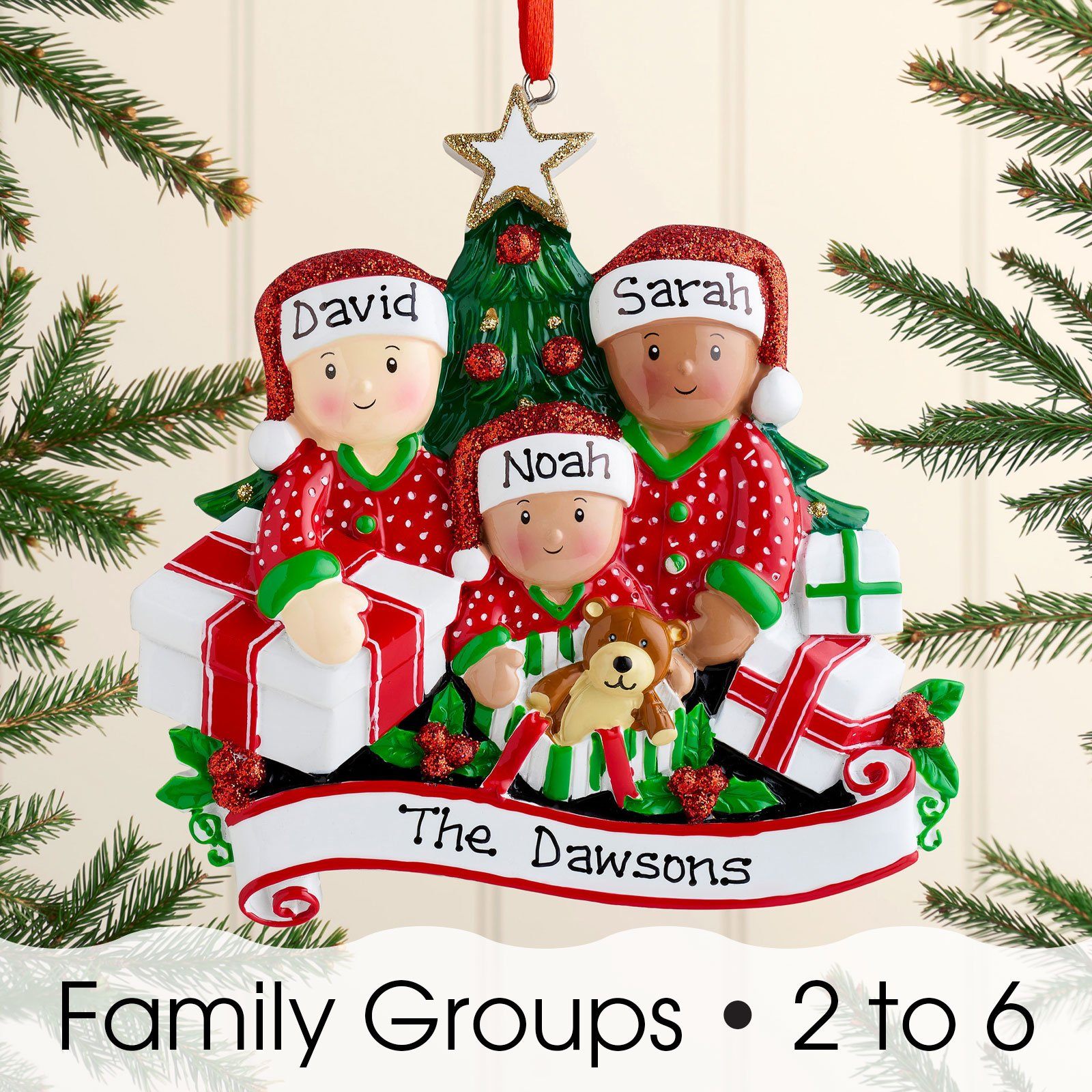 Christmas Ornament - Personalised Family Christmas Xmas Tree Decoration Ornament - Mixed Race Opening Presents Family