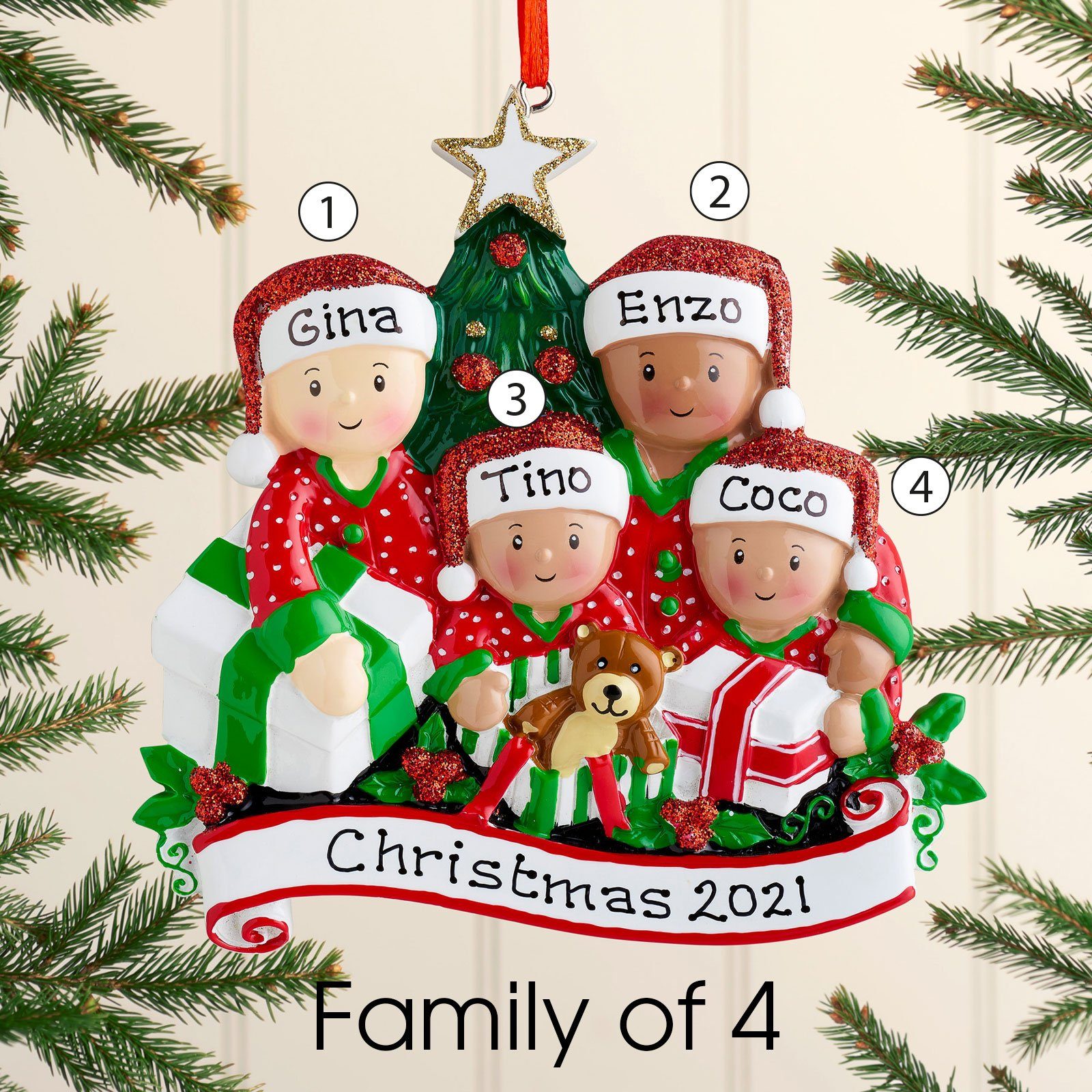 Christmas Ornament - Personalised Family Christmas Xmas Tree Decoration Ornament - Mixed Race Opening Presents Family