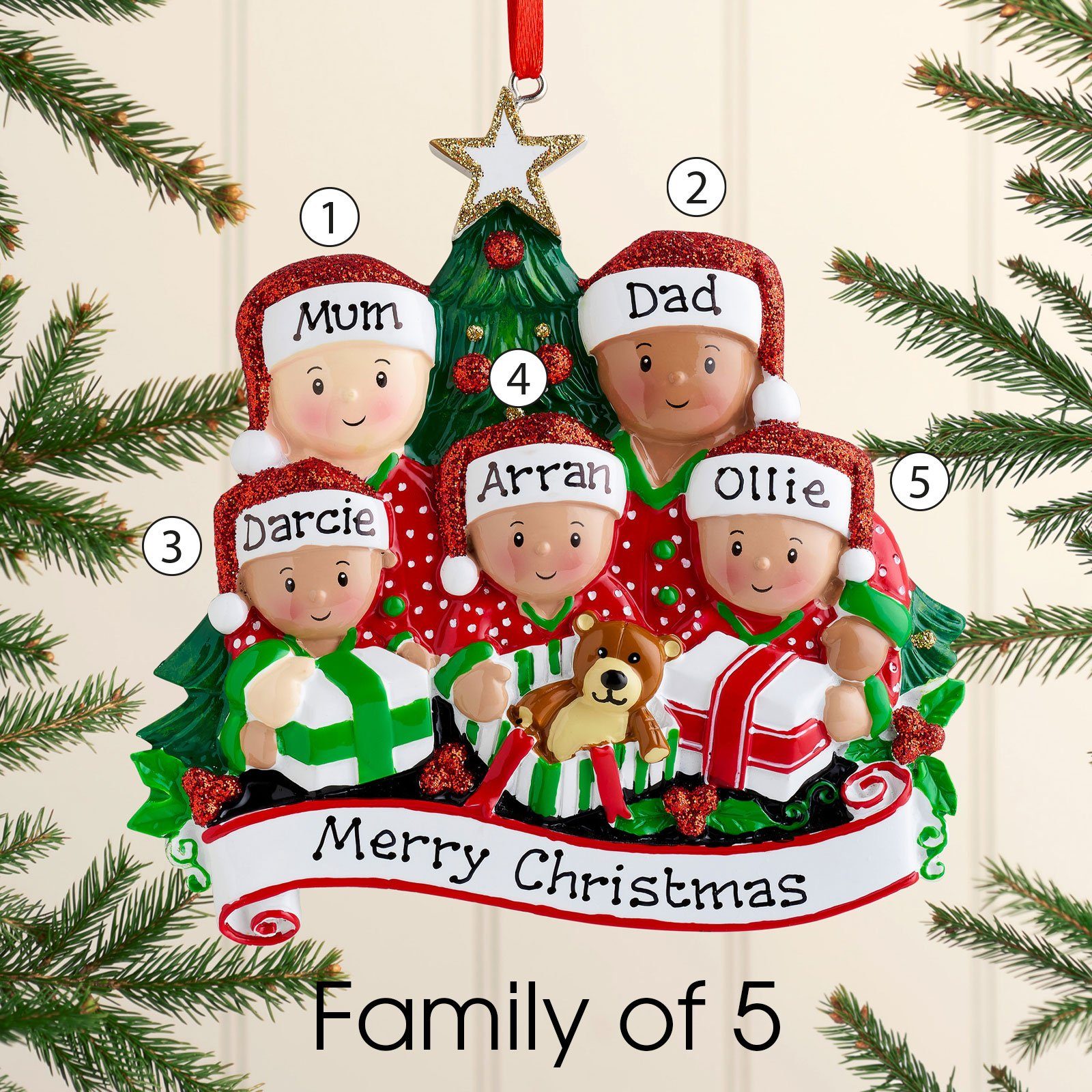 Christmas Ornament - Personalised Family Christmas Xmas Tree Decoration Ornament - Mixed Race Opening Presents Family