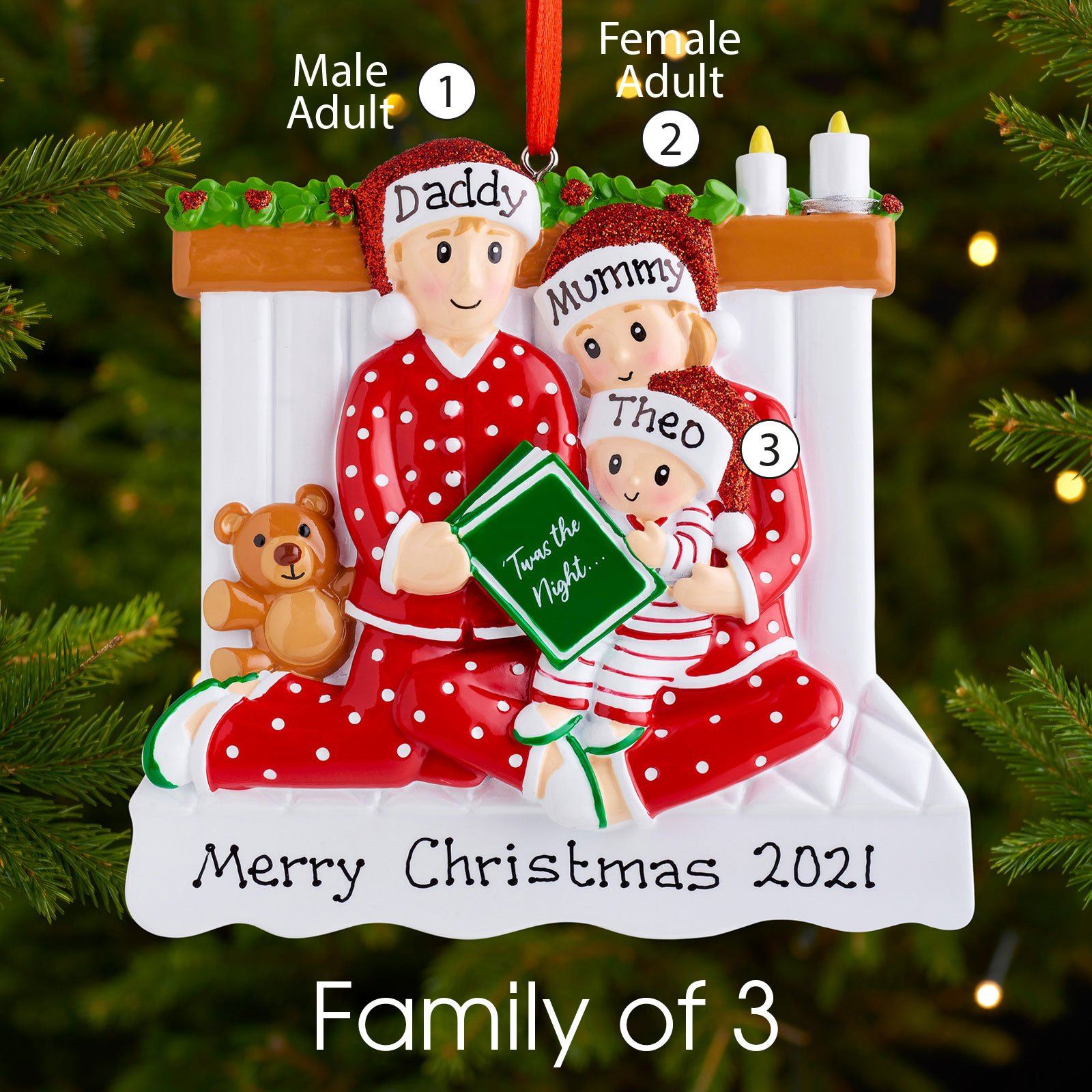 Christmas Ornament - Personalised Family Christmas Xmas Tree Decoration Ornament - Reading In Bed Family