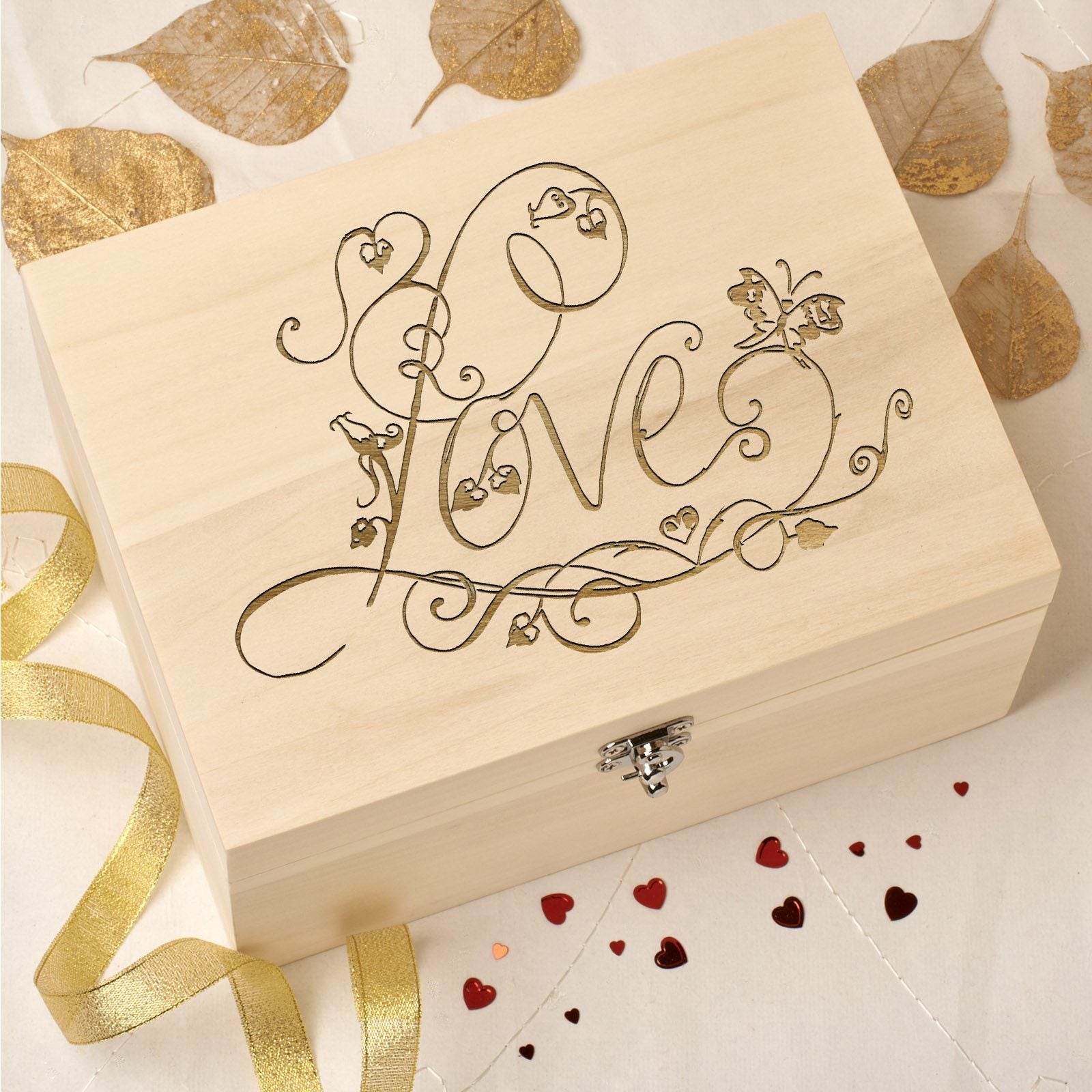 Keepsake Box - Laser Engraved Wooden Memory Keepsake Box With Hinged Lid - Love