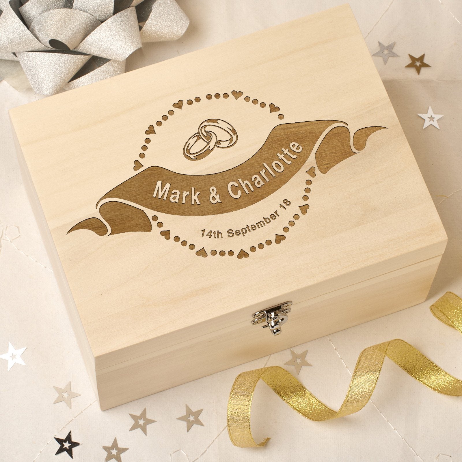 Keepsake Box - Personalised Wooden Wedding Memory Keepsake Box - Scroll & Rings