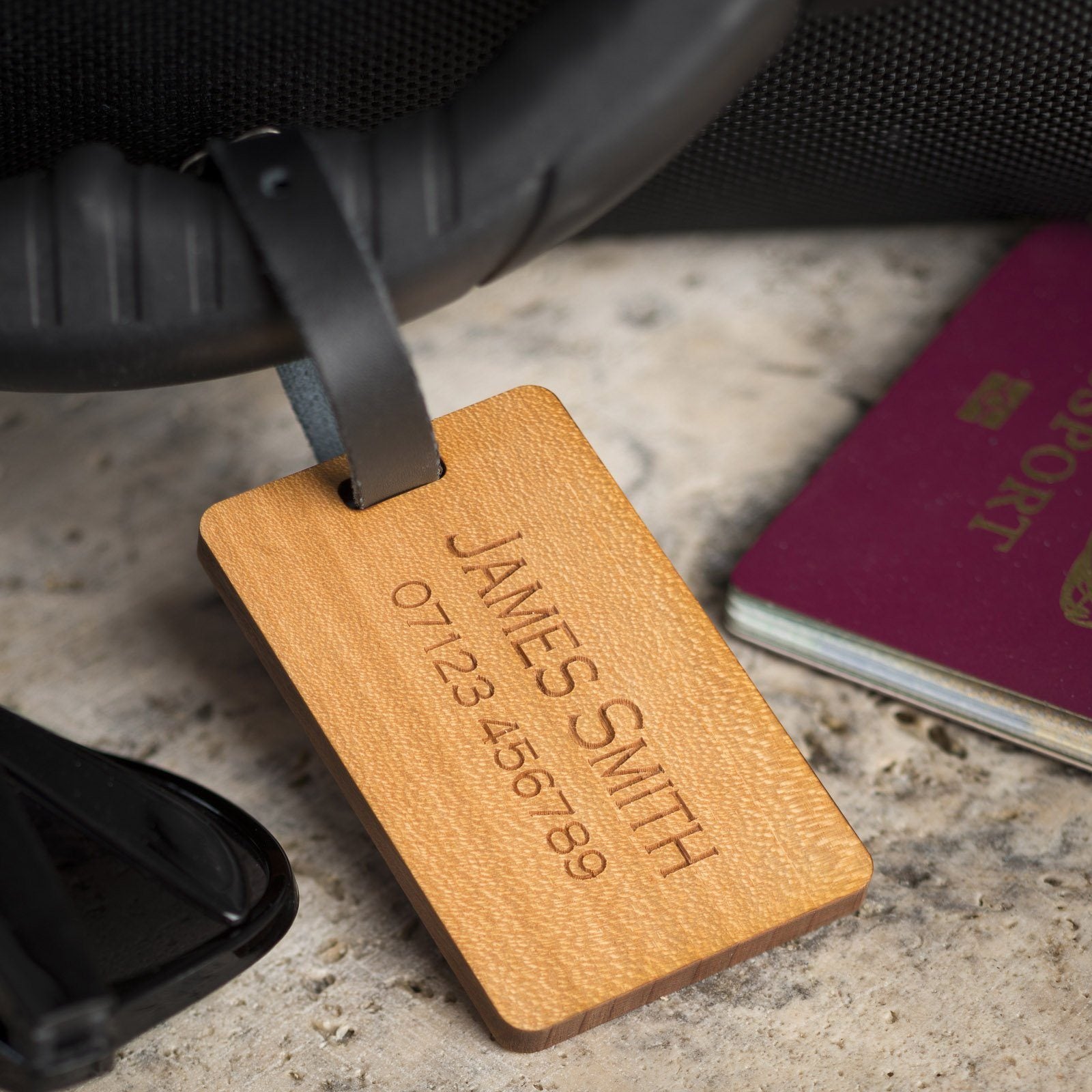 Luggage Tags - Personalised Laser Engraved Wooden Luggage Tag With Leather Strap - Plane Banner Design