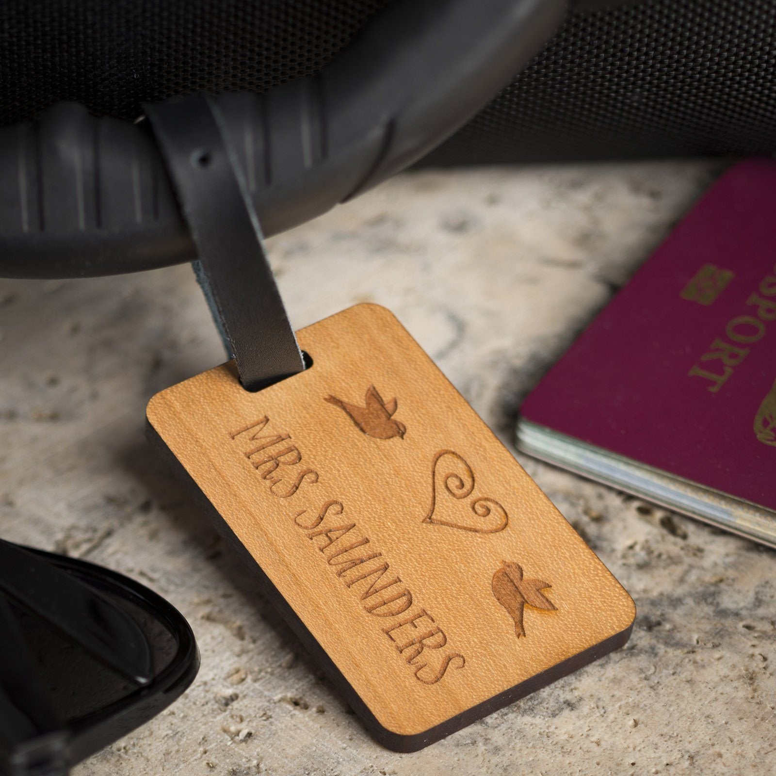 Luggage Tags - Personalised Laser Engraved Wooden Luggage Tag With Leather Strap - Surname LoveBird Design